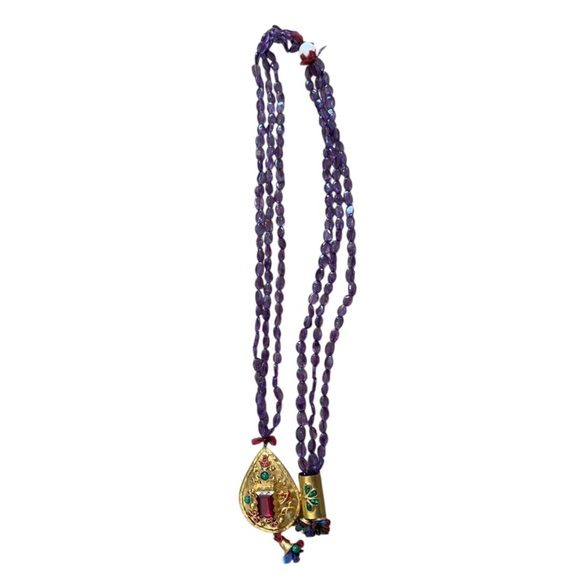 Vintage Turkish Copper Metal Beaded Statement Necklace Rhinestones Purple Long - Picture 3 of 6